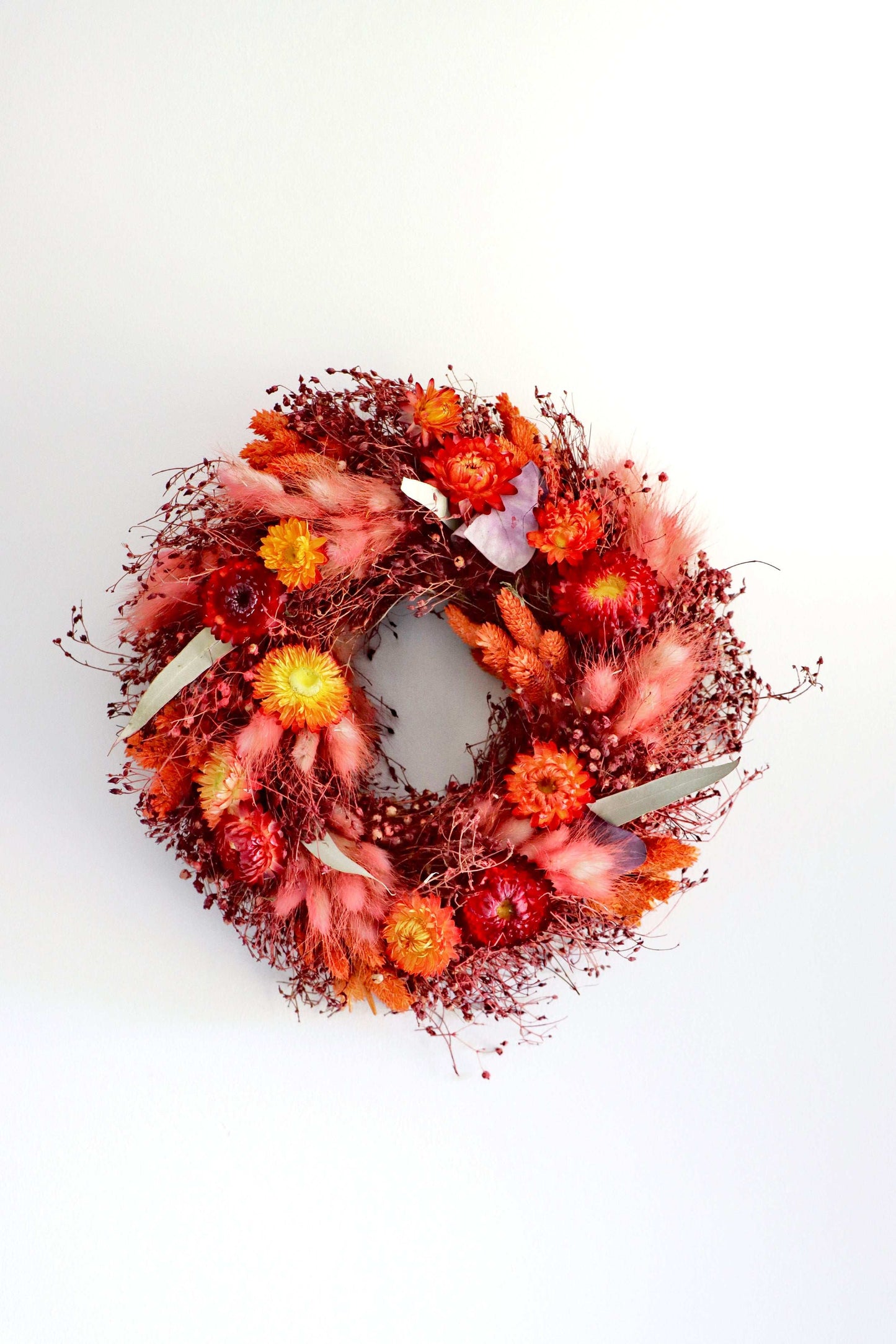 A circular wreath made of dried flowers, featuring a vibrant mix of red, orange, and pink blooms, along with delicate purple foliage accents. The wreath is displayed against a plain white background.