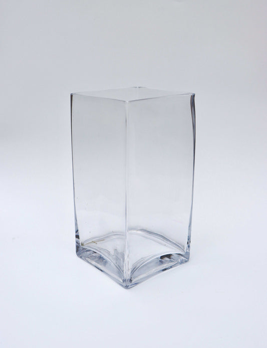 Clear square glass vase on a white background.
