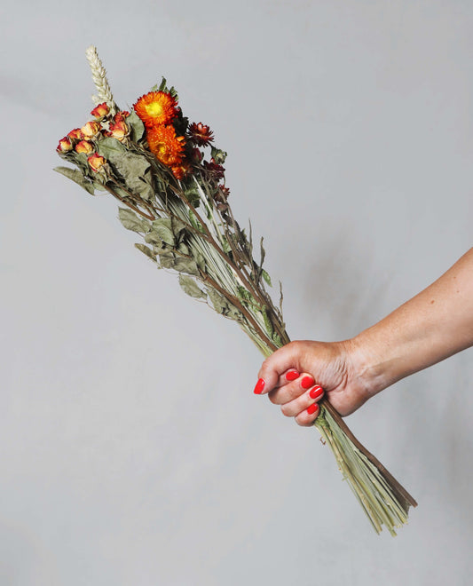 Hand holding a bunch of dried flowers with orange and red blooms and wheat stalks against a grey background.