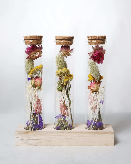 Three glass vials with cork tops containing dried flowers in pink, yellow, and purple on a wooden stand against a white background.