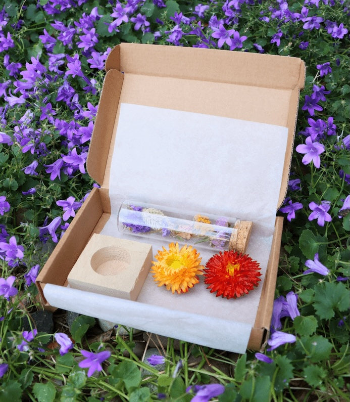 Three glass vials with dried purple lavender, pink, yellow and red flowers on a wooden stand against a grey background.